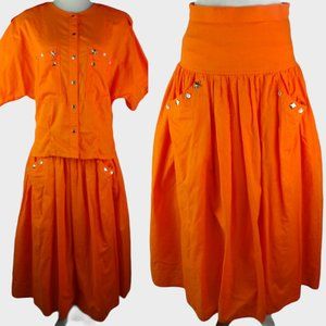 Vintage 1980s 90s Neon Orange Skirt Set Star Studs